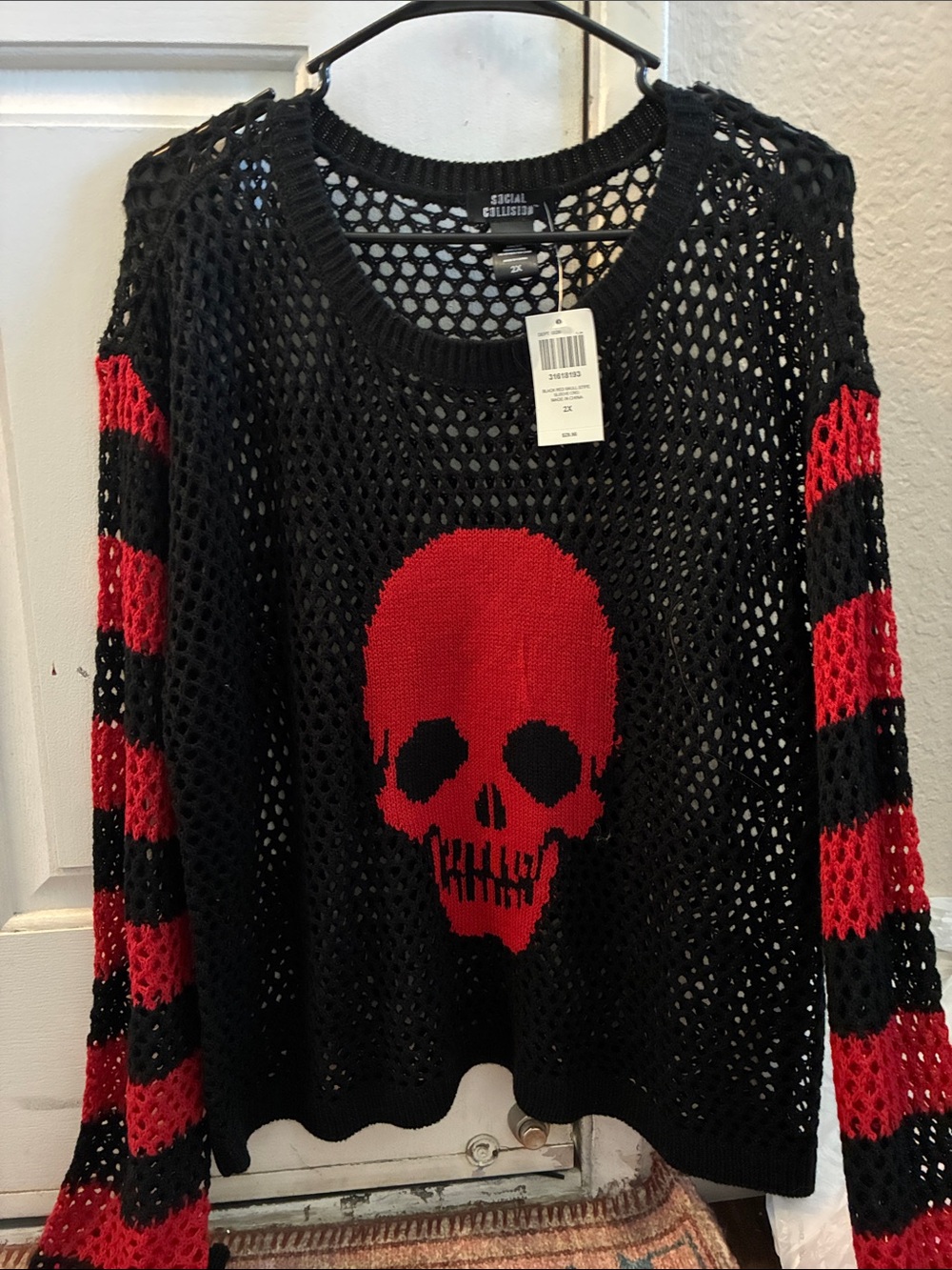 Social Grunge Black & Red Skull Mesh Sweater